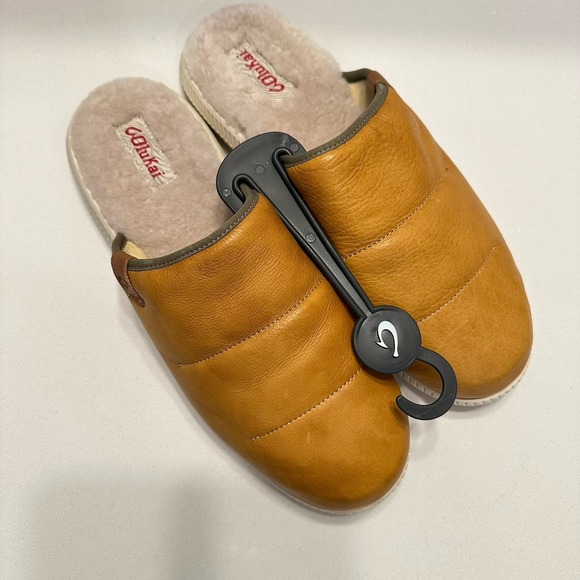 NEW OluKai Leather Mule Scuff Slipper Mau 'lli Men's Sz 12 Sand Shearling Lined‎